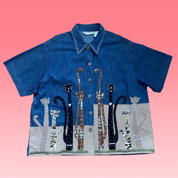 Vintage Tops - 🌈4/$20🌈 Vintage 90s/Y2K CAT Applique Star Embroidered Kitsch Denim Shirt 2X